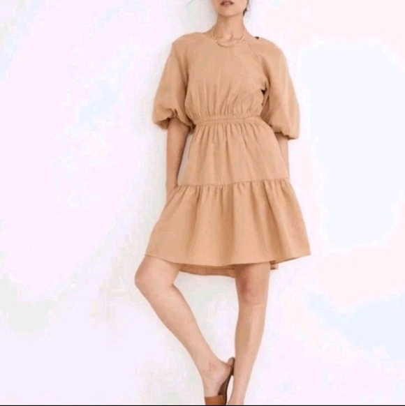 Madewell Dresses & Skirts - Madewell Women's Seersucker Puff-Sleeve Tan Lagenlook Preppy Mini Dress. Sz L